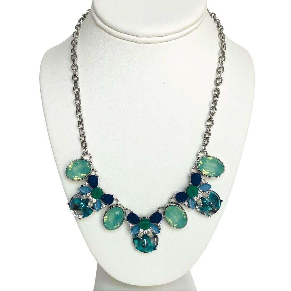 Blue Green Cabochon Rhinestone Silver Tone Statement Necklace